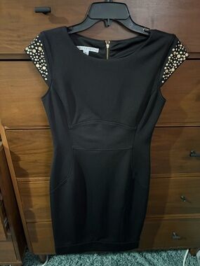 Maggy London Black Sheath Dress with Gold Studded Shoulders